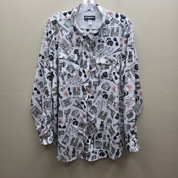 Karl Lagerfeld Paris Tops - Karl Lagerfeld Whimsical Button-Up Shirt Top White Black SZ XL Artsy Whimsical